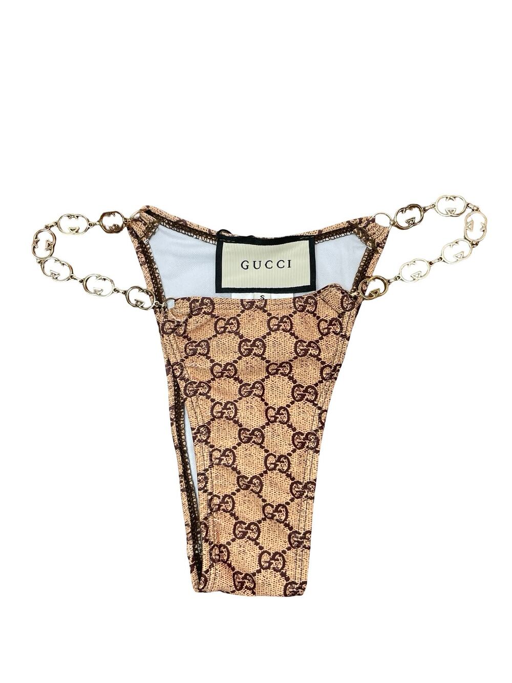 NEW Gucci Brown Beige Gold Tone Chain Monogram Swimwear Bikini Bottom Size S - Picture 1 of 12
